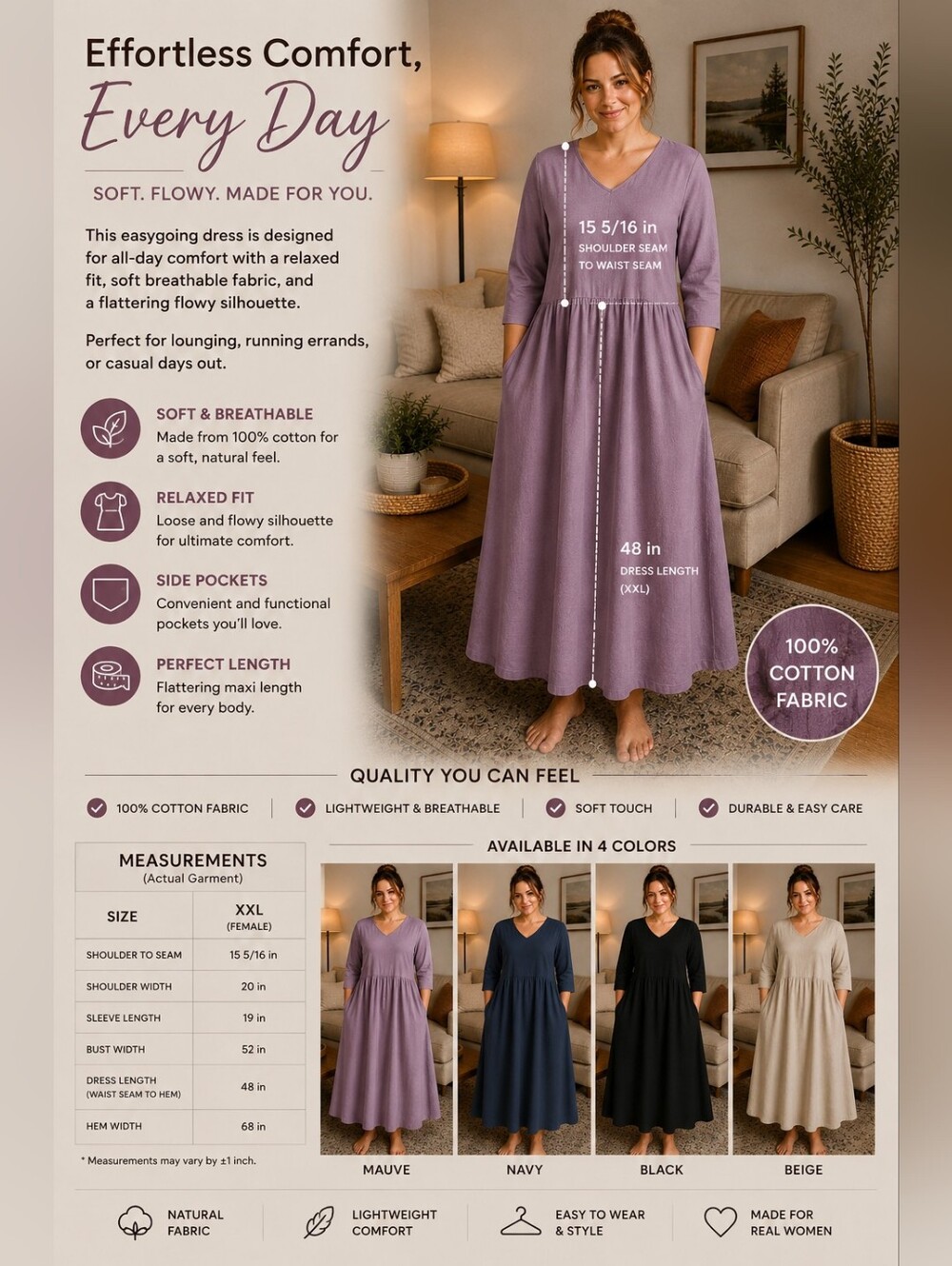 Everyday Relaxed Cotton Maxi Dress - Mauve